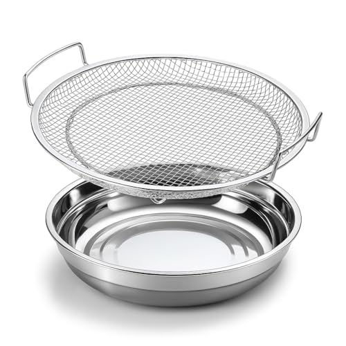 Snevad Stainless Steel Oil Filter Tray Mesh Basket Air Fryer Accessories Fried Food Mesh Draining Rack Kitchen Colander Strainer for Cooking Frying Barbecue Grill Vegetables Snacks and Desserts Round - Image 1