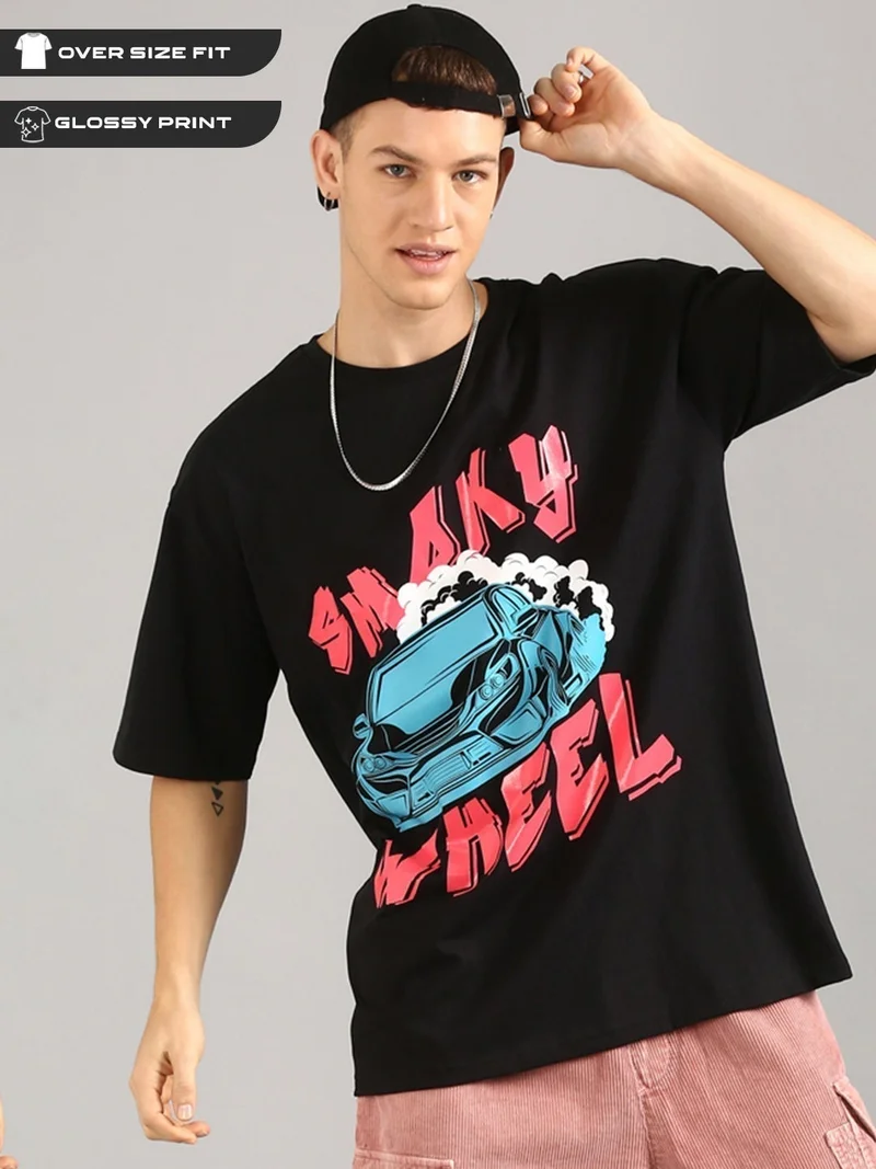 Joven Men Black Printed Pure Cotton Oversized T-Shirt