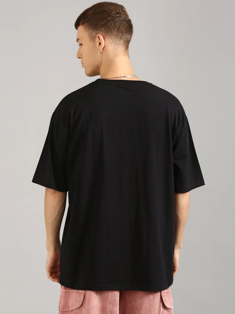 Joven Men Black Printed Pure Cotton Oversized T-Shirt