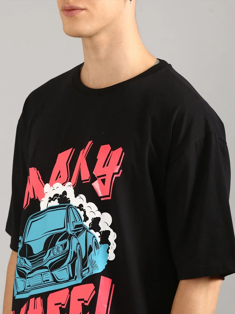 Joven Black Men Black Printed Pure Cotton Oversized T-Shirt for Men | Best Price UAE