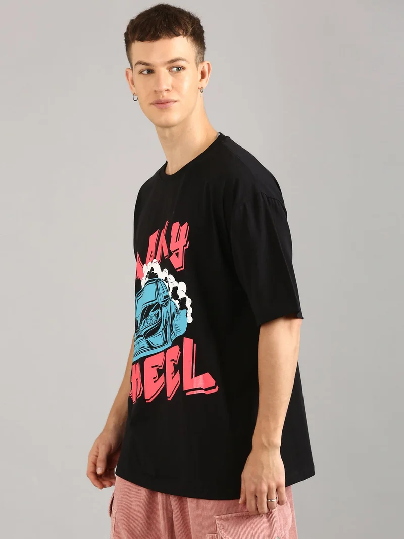 Joven Black Men Black Printed Pure Cotton Oversized T-Shirt for Men | Best Price UAE