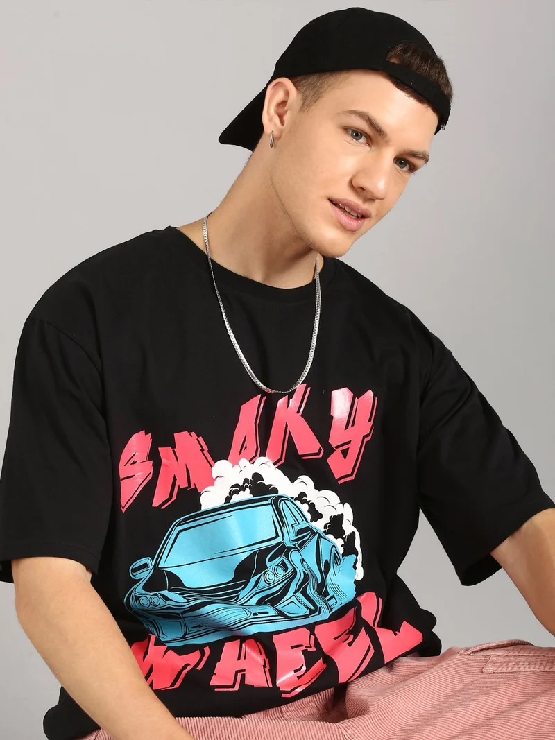 Joven Black Men Black Printed Pure Cotton Oversized T-Shirt for Men | Best Price UAE