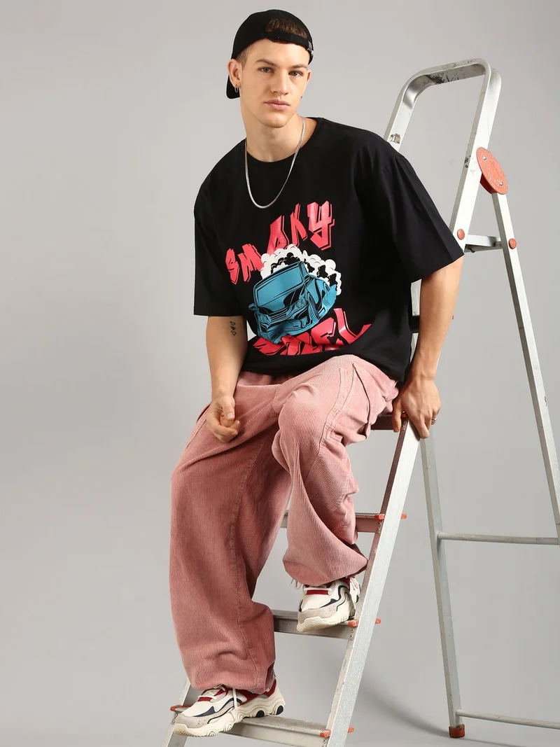 Joven Black Men Black Printed Pure Cotton Oversized T-Shirt for Men | Best Price UAE