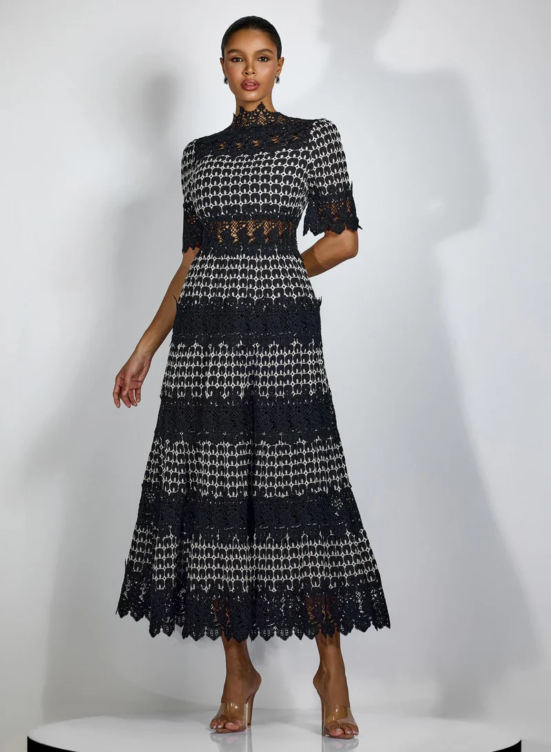 Sunfere Sabrina Embroidered Lace Short Sleeve Midi Dress