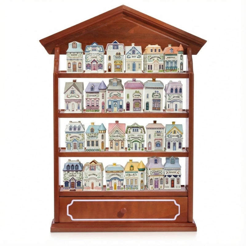 Chunful Vintage Spice Village Wooden Rack 22 x 17 x 4 Inches with 4 Shelves and Drawer for Wall Mounting Kitchen Storage Spice Village Display Shelf for 24 Jars, Shelf Only (Brown, Classic) - Image 2