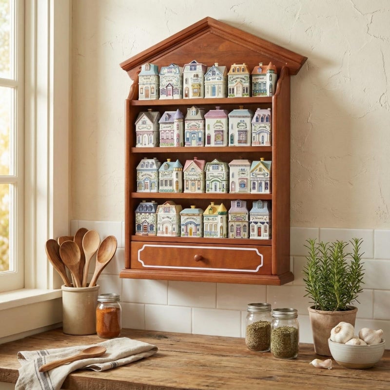 Chunful Vintage Spice Village Wooden Rack 22 x 17 x 4 Inches with 4 Shelves and Drawer for Wall Mounting Kitchen Storage Spice Village Display Shelf for 24 Jars, Shelf Only (Brown, Classic) - Image 1