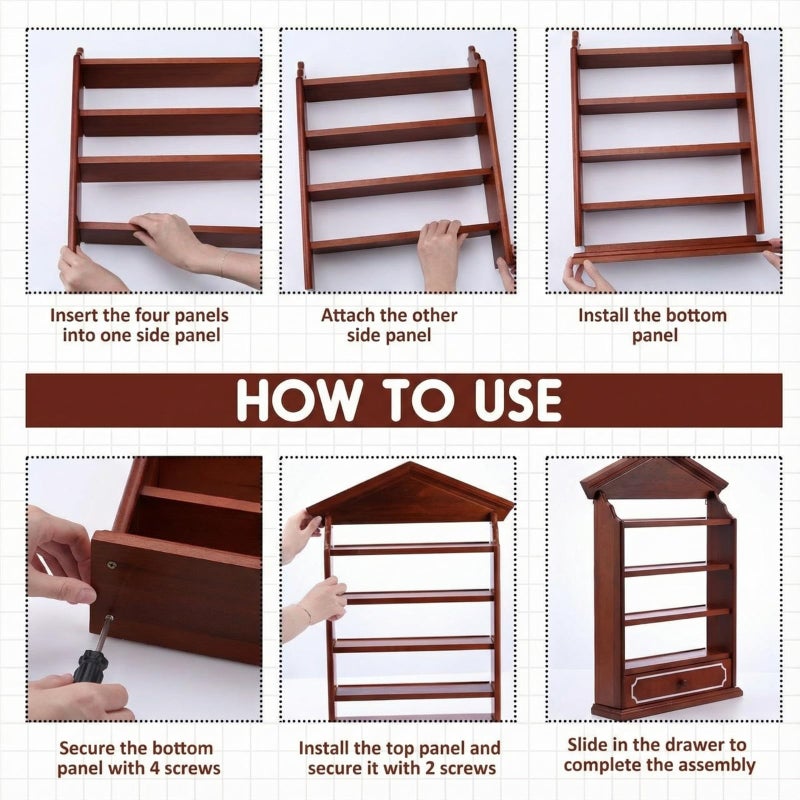 Chunful Vintage Spice Village Wooden Rack 22 x 17 x 4 Inches with 4 Shelves and Drawer for Wall Mounting Kitchen Storage Spice Village Display Shelf for 24 Jars, Shelf Only (Brown, Classic) - Image 5