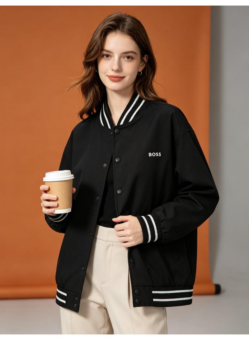 BOSS Men's Baseball Collar Button Jacket Casual Bomber Coat Black - Image 4