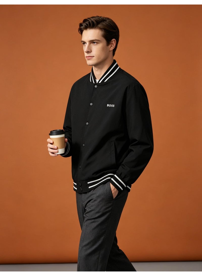 BOSS Men's Baseball Collar Button Jacket Casual Bomber Coat Black - Image 1