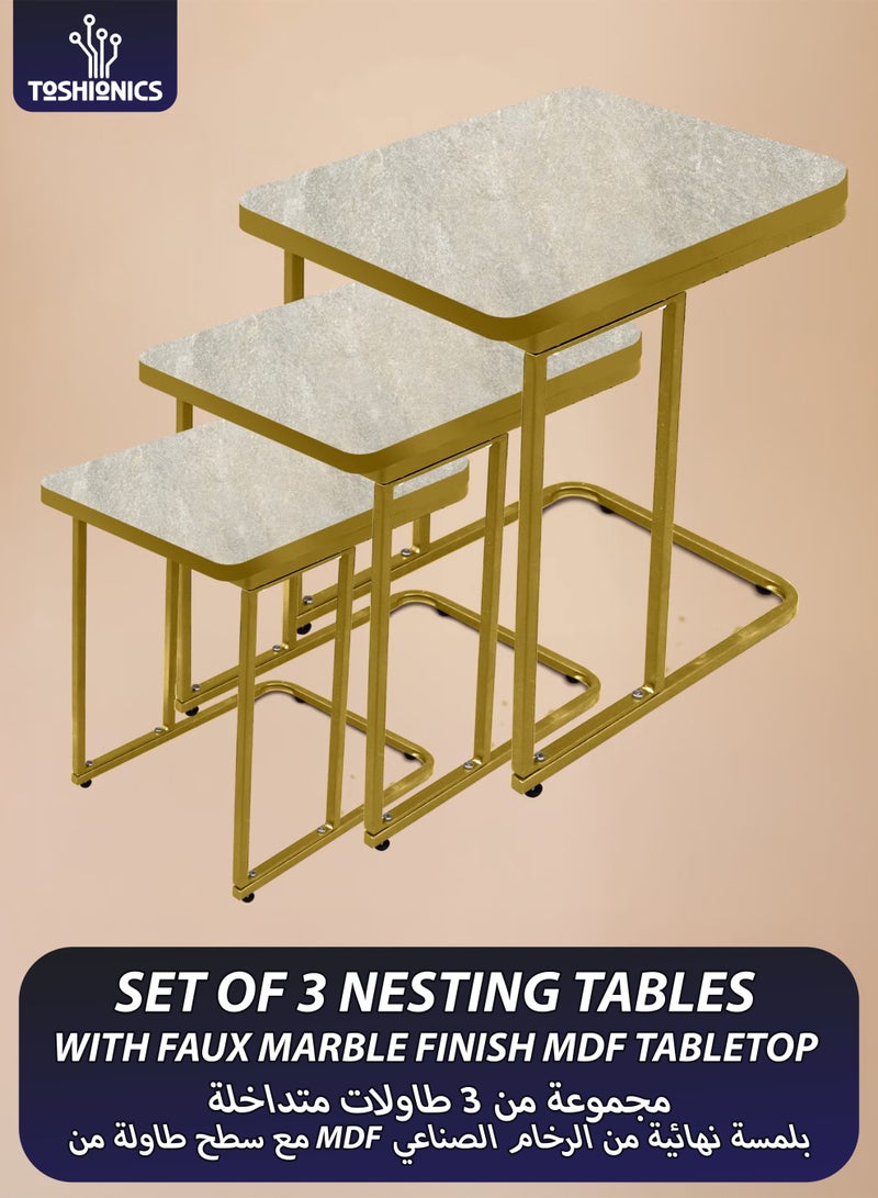 Toshionics Rectangular Top Nesting Coffee Tables 3 Pieces Set Minimalist Stackable Side Tables With White Faux Marble Veneer Coated MDF Tabletop Accent Tables Industrial End Tables Bedside Desk For Home Office Living Room Hall And Small Spaces Sofa Centre Teapoy Table - Image 1