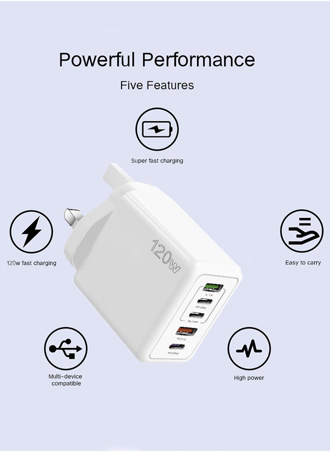 HY - 5 Ports USB C Charger Plug Type C PD 120W QC 3.0 Fast Wall Mains Power Delivery Adapter for Laptops, MacBook Pro/Air, Steam Deck, iPad, iPhone 15 Series,Samsung, Huawei, Oneplus, Xiaomi, Lenovo White - Image 1