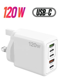 5 Ports USB C Charger Plug Type C PD 120W QC 3.0 Fast Wall Mains Power Delivery Adapter for Laptops, MacBook Pro/Air, Steam Deck, iPad, iPhone 15 Series,Samsung, Huawei, Oneplus, Xiaomi, Lenovo White