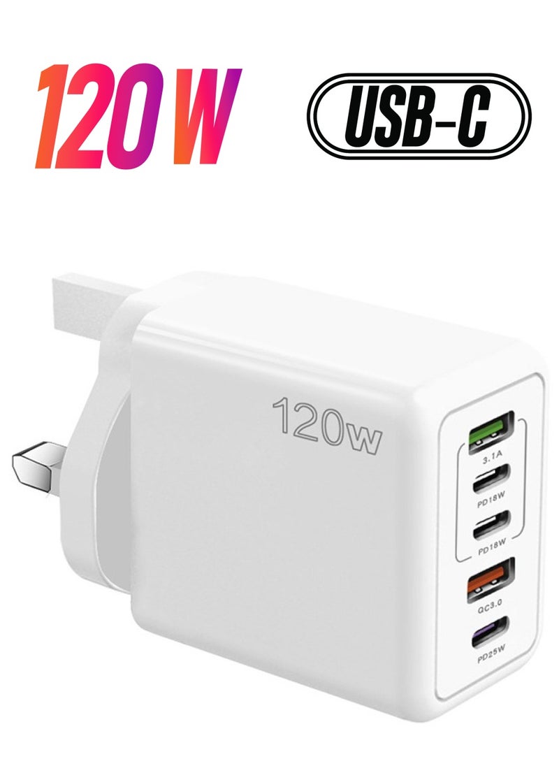 HY - 5 Ports USB C Charger Plug Type C PD 120W QC 3.0 Fast Wall Mains Power Delivery Adapter for Laptops, MacBook Pro/Air, Steam Deck, iPad, iPhone 15 Series,Samsung, Huawei, Oneplus, Xiaomi, Lenovo White - Image 1