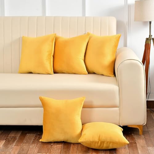 Yellow Weaves Soft Velvet Fabric Cushion Cover 16 X 16 Inches, Set of 5, (Yellow) - Image 1