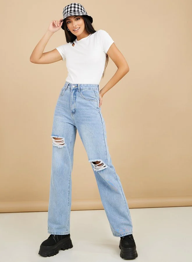 Styli Short Sleeves Cut-Out Detail Rib Fitted T-shirt