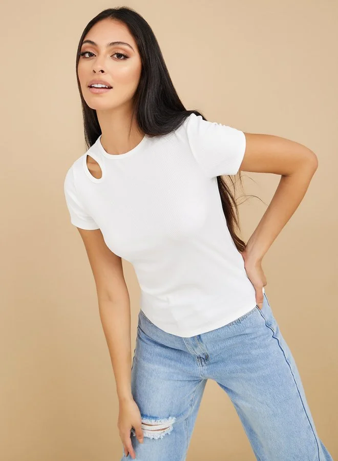 Styli Short Sleeves Cut-Out Detail Rib Fitted T-shirt
