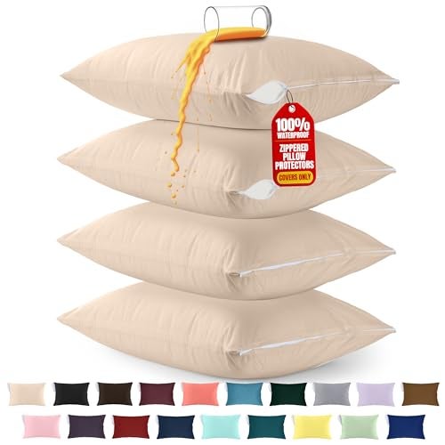 Utopia Bedding Premium 100 Waterproof Pillow Protectors with Zipper King Size Set of 4 Bed Bug and Dust Mite Proof Zippered Pillow Covers Pillow Encasement Cases Beige - Image 1