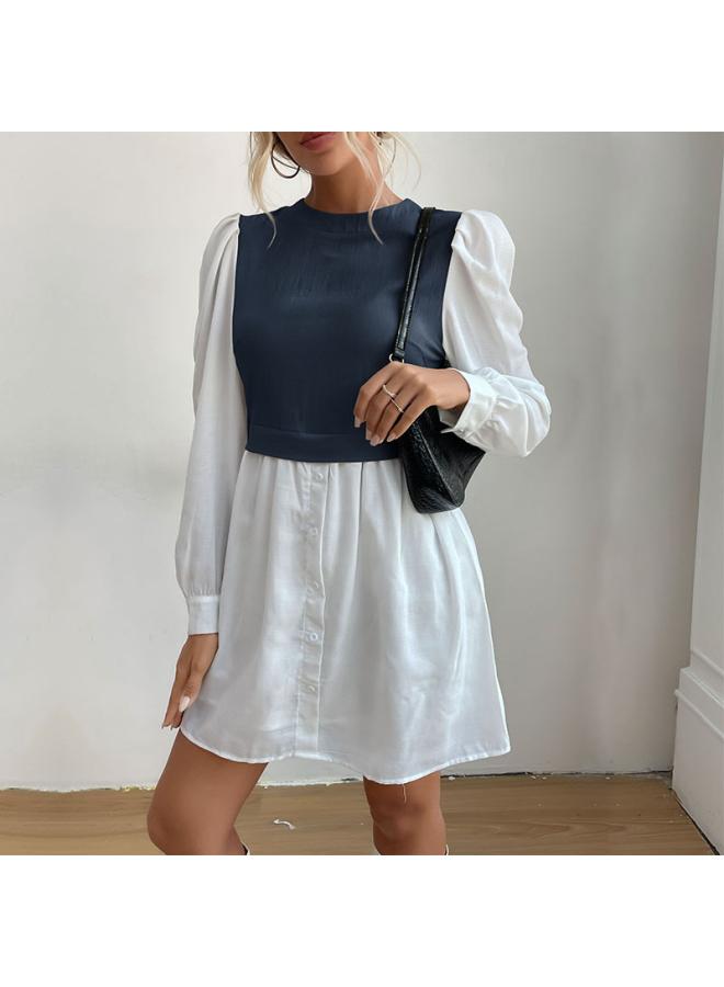Independent Station Autumn Women's Clothing New Round Neck Puff Sleeve Contrast Color Stitching Commuter Shirt Dress