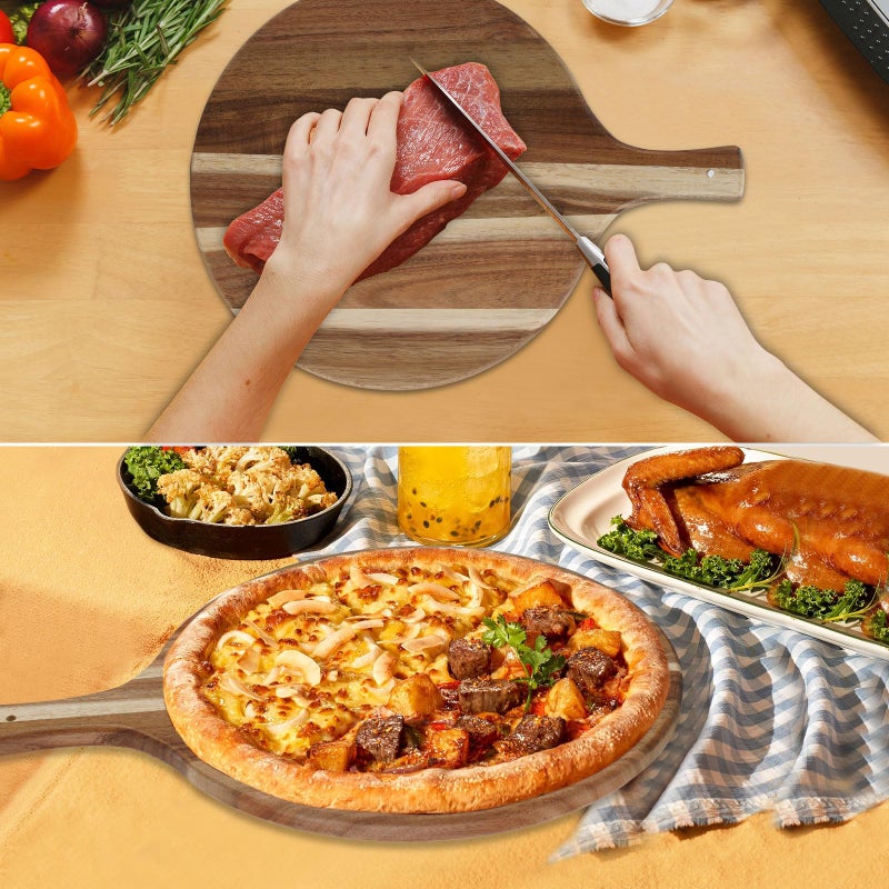 FRTIM Acacia Wood Round Cutting Board with Handle, Pizza Cutting Boards for Kitchen, Small Wooden Chopping Board, Charcuterie Serving Boards for Cheese, Meat, Vegetables, Bread, 15.7" x 11.8" - Image 2