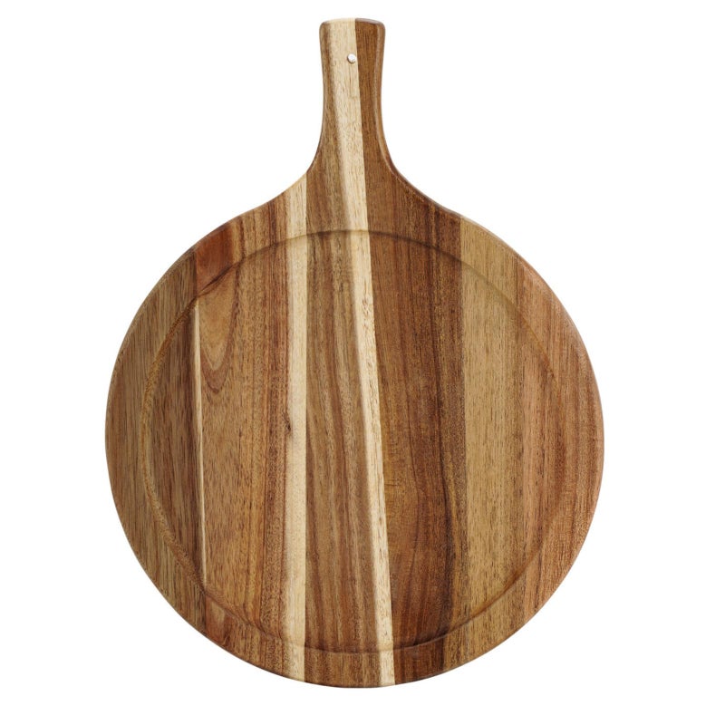FRTIM Acacia Wood Round Cutting Board with Handle, Pizza Cutting Boards for Kitchen, Small Wooden Chopping Board, Charcuterie Serving Boards for Cheese, Meat, Vegetables, Bread, 15.7" x 11.8" - Image 1