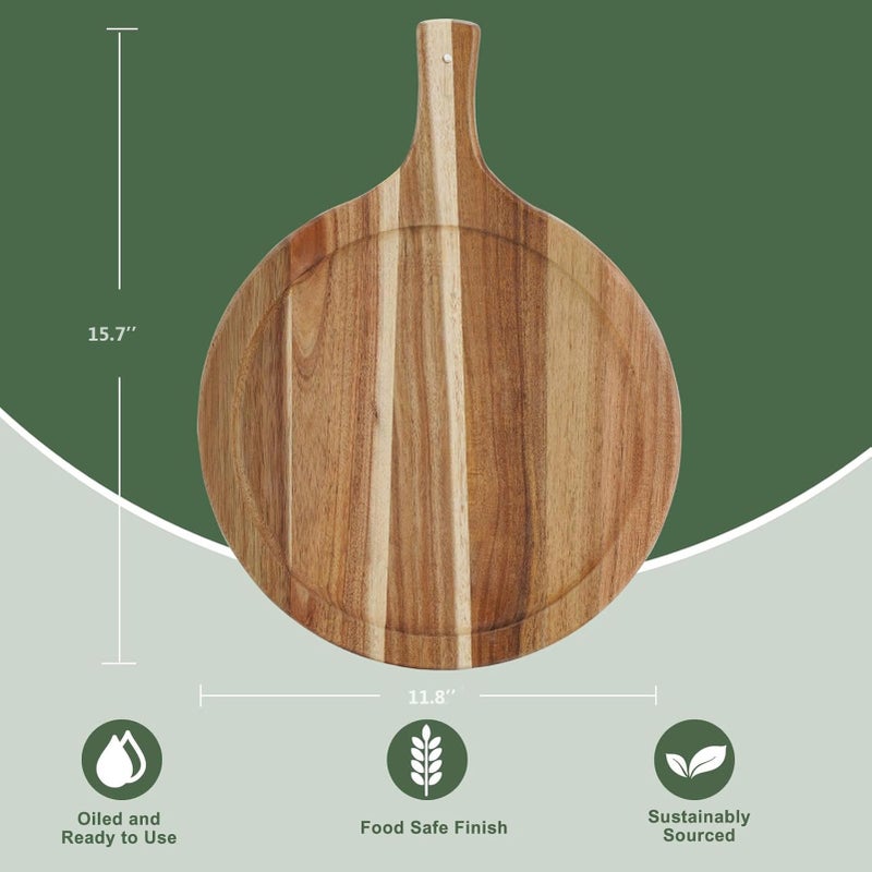 FRTIM Acacia Wood Round Cutting Board with Handle, Pizza Cutting Boards for Kitchen, Small Wooden Chopping Board, Charcuterie Serving Boards for Cheese, Meat, Vegetables, Bread, 15.7" x 11.8" - Image 3