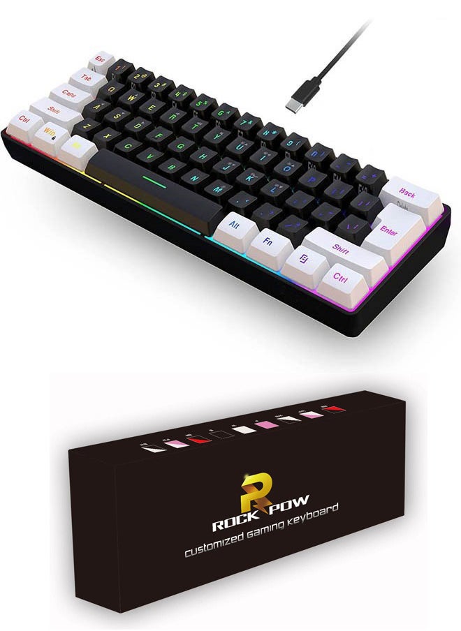 Rock Pow - لوحة مفاتيح سلكية للألعاب بنسبة 60%، لوحة مفاتيح غشائية بإضاءة خلفية RGB ولكن ذات ملمس ميكانيكي، لوحة مفاتيح صغيرة فائقة الصغر مقاومة للماء لألعاب الكمبيوتر الشخصي باللونين الأبيض والأسود - Image 1