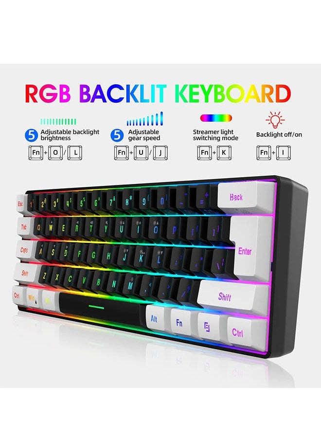 Rock Pow - لوحة مفاتيح سلكية للألعاب بنسبة 60%، لوحة مفاتيح غشائية بإضاءة خلفية RGB ولكن ذات ملمس ميكانيكي، لوحة مفاتيح صغيرة فائقة الصغر مقاومة للماء لألعاب الكمبيوتر الشخصي باللونين الأبيض والأسود - Image 1