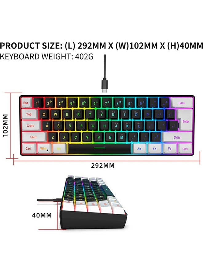 Rock Pow - لوحة مفاتيح سلكية للألعاب بنسبة 60%، لوحة مفاتيح غشائية بإضاءة خلفية RGB ولكن ذات ملمس ميكانيكي، لوحة مفاتيح صغيرة فائقة الصغر مقاومة للماء لألعاب الكمبيوتر الشخصي باللونين الأبيض والأسود - Image 1