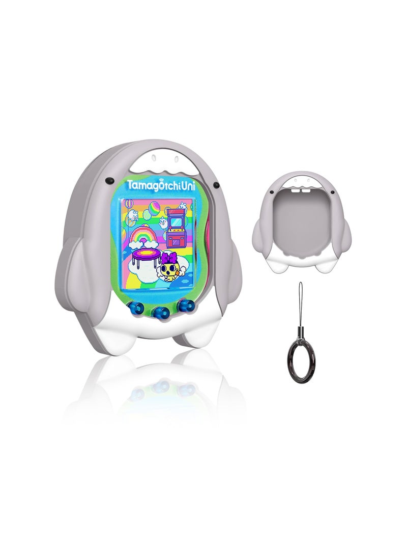 KASTWAVE جراب سيليكون متوافق مع Tamagotchi Uni، غطاء حماية لجهاز ألعاب الحيوانات الأليفة الافتراضية من نوع القرش الرمادي الكرتوني اللطيف، جراب واقٍ للجلد لملحقات Tamagotchi Pix مع حزام يد  - Image 1