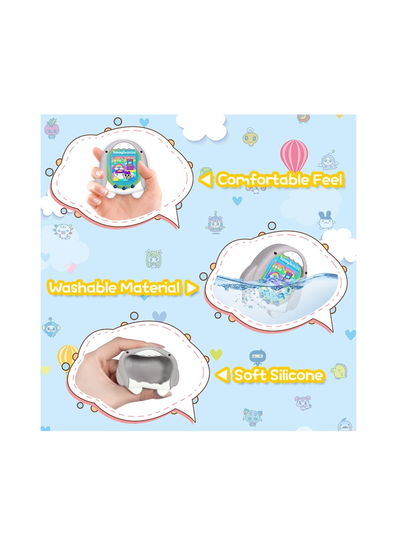 KASTWAVE جراب سيليكون متوافق مع Tamagotchi Uni، غطاء حماية لجهاز ألعاب الحيوانات الأليفة الافتراضية من نوع القرش الرمادي الكرتوني اللطيف، جراب واقٍ للجلد لملحقات Tamagotchi Pix مع حزام يد  - Image 4