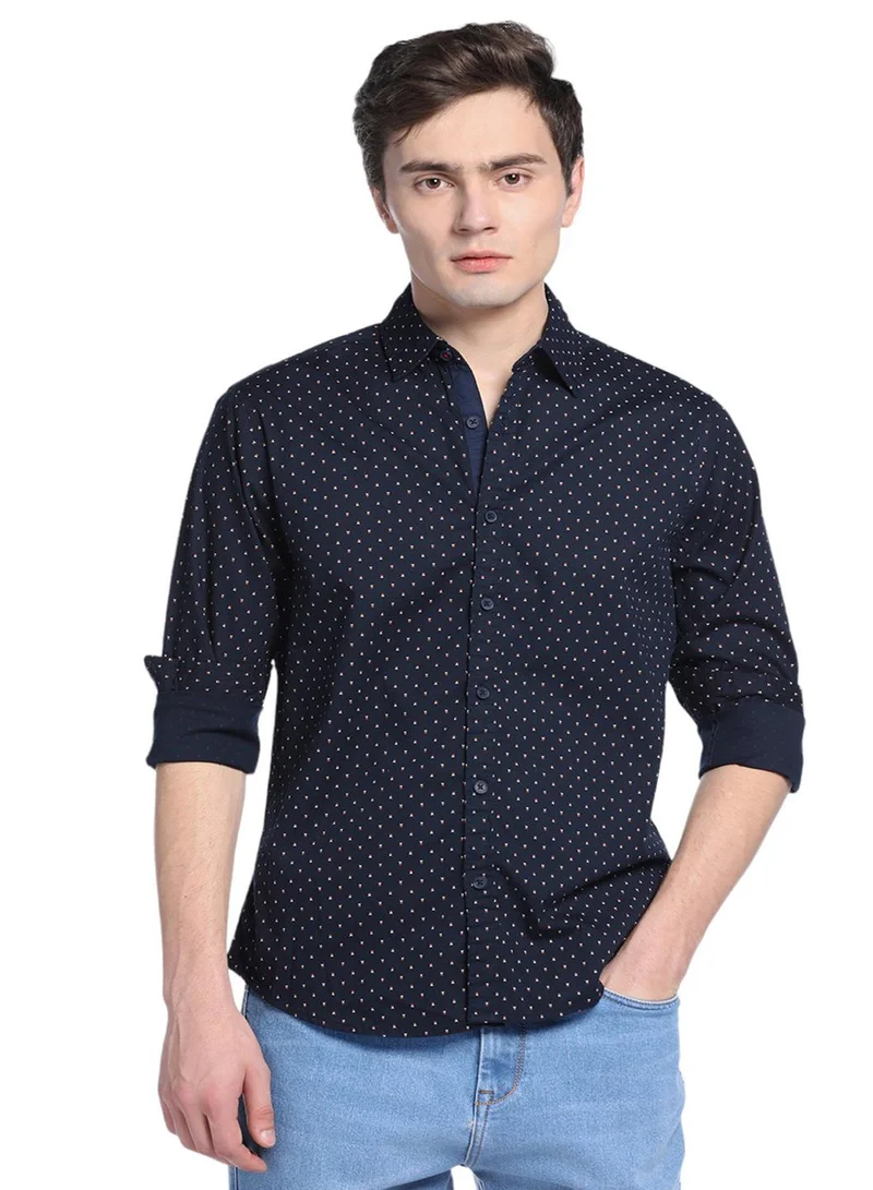 Dennis Lingo Navy Slim Fit Printed Shirt for Men - Cotton, Full Sleeves, Spread Collar, Casual