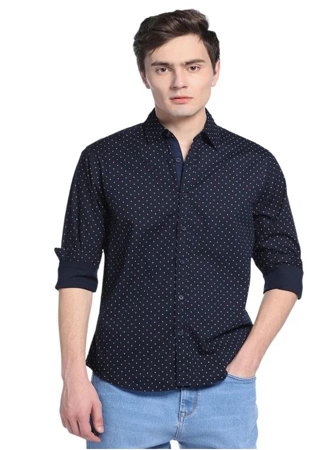 دينيس لينغو Navy Slim Fit Printed Shirt for Men - Cotton, Full Sleeves, Spread Collar, Casual