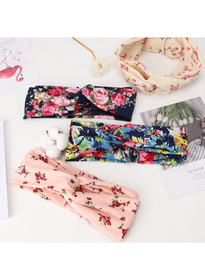 Loquat 4 Pack Boho Cotton Non-Slip Headbands For Women Girls Yoga Workout Running Knotted Turban Floral Elastic Head Wrap - Image 5