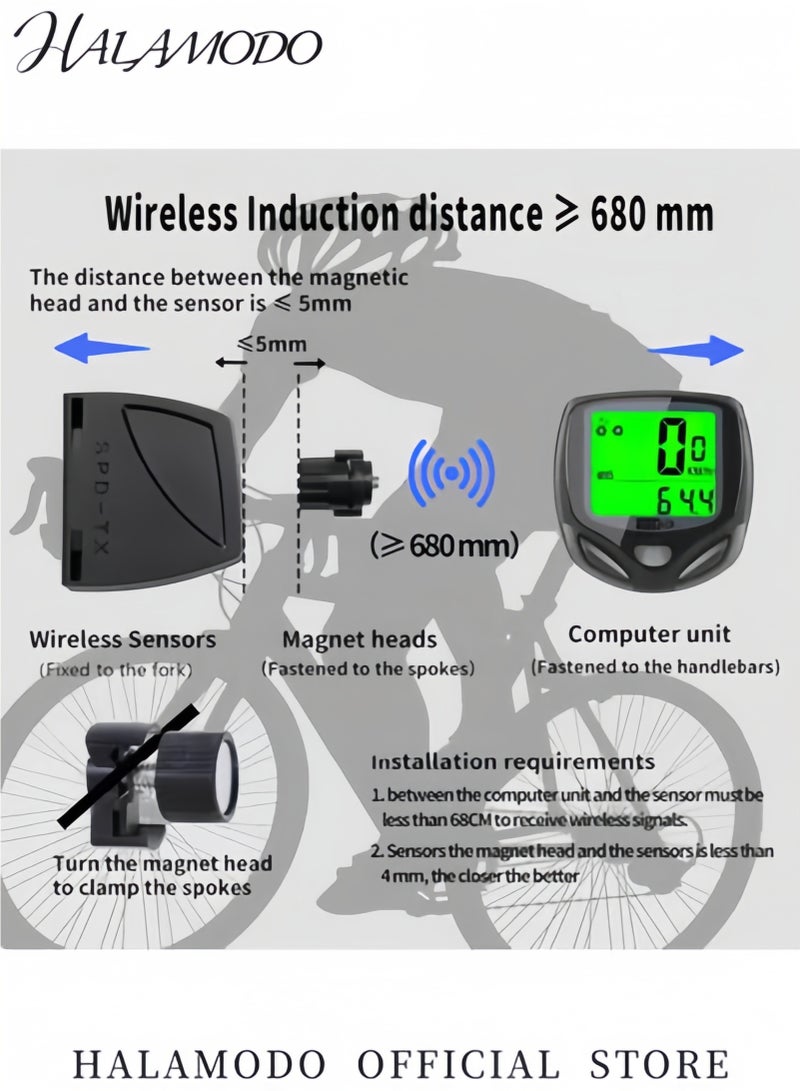 HALAMODO Bicycle Speedometer and Odometer Wireless Waterproof Cycle Bike Computer with LCD Display Speedometer Accurate Speed Tracking & Multi-Functions - Image 5