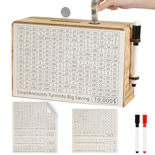 FOLENCER Wooden Money Saving Box for Kids Adults Reusable 10000 Savings Challenge Box with Progress Tracker Cash Vault Educational Piggy Bank Gift for Boys Girls 312 7 Amounts Brown - Image 1