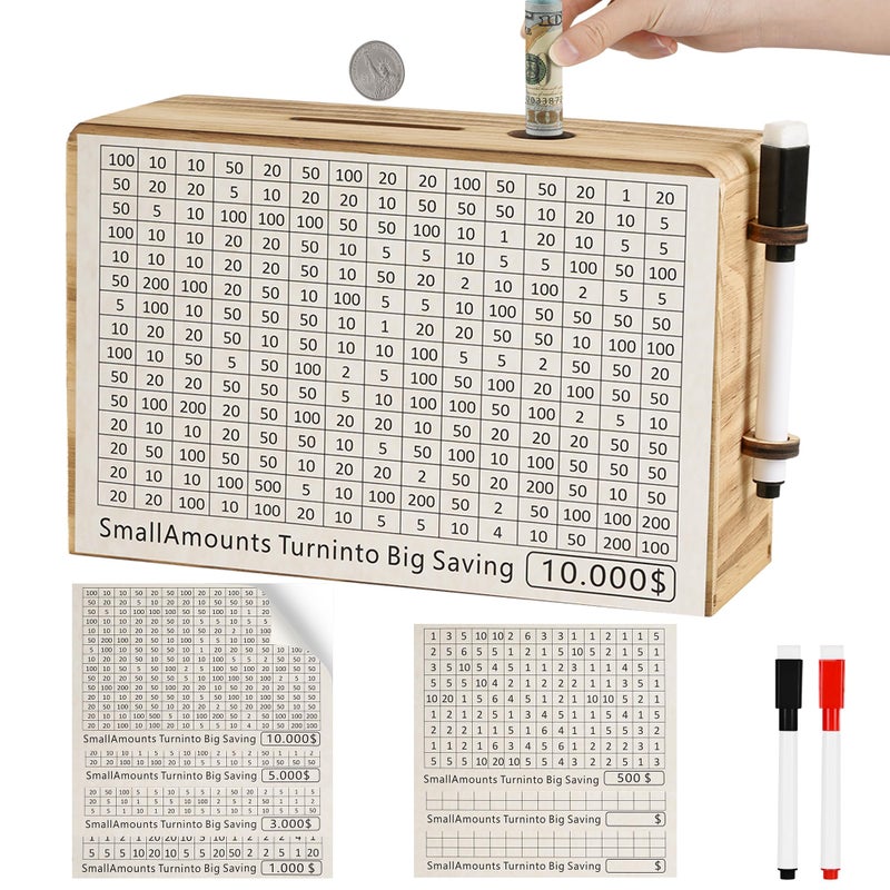 FOLENCER Wooden Money Saving Box for Kids Adults Reusable 10000 Savings Challenge Box with Progress Tracker Cash Vault Educational Piggy Bank Gift for Boys Girls 312 7 Amounts Brown - Image 2