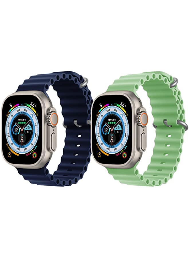 IAF Silicone Ocean Band Strap for Apple Watch Ultra 8 49mm Navy Blue Single Color Strap with Mint Green Single Color Strap Set of 2