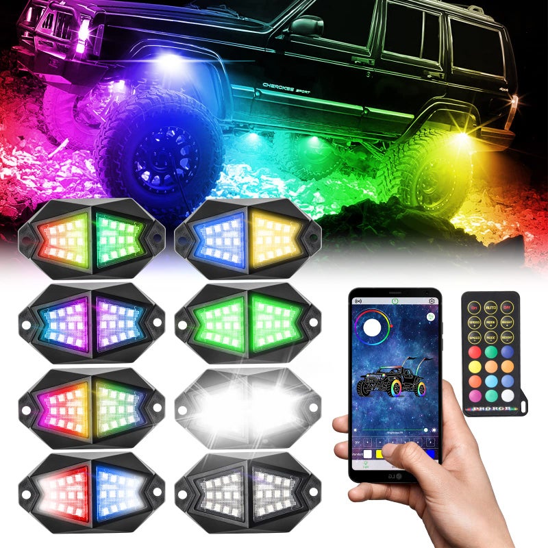 OPP ULITE Dream Chasing Color Led Rock Lights 210 Luminous RGB Pure White Smartphone APP RF Remote Control RGBW Underglow Interior Light for Jeep Truck SUV Car JK UTV ATV RZR Offroad Boat 8Pod