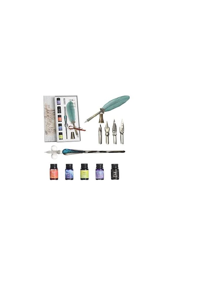 Generic Feather Pen Caligraphy Pen, Vintage Calligraphy Glass Dip Pen, Quill Pen and Ink Set, Caligraphy Pen Kits, Glass Dip Pen Set with Ink, Caligraphy Pen Kits for Beginners  - Image 1