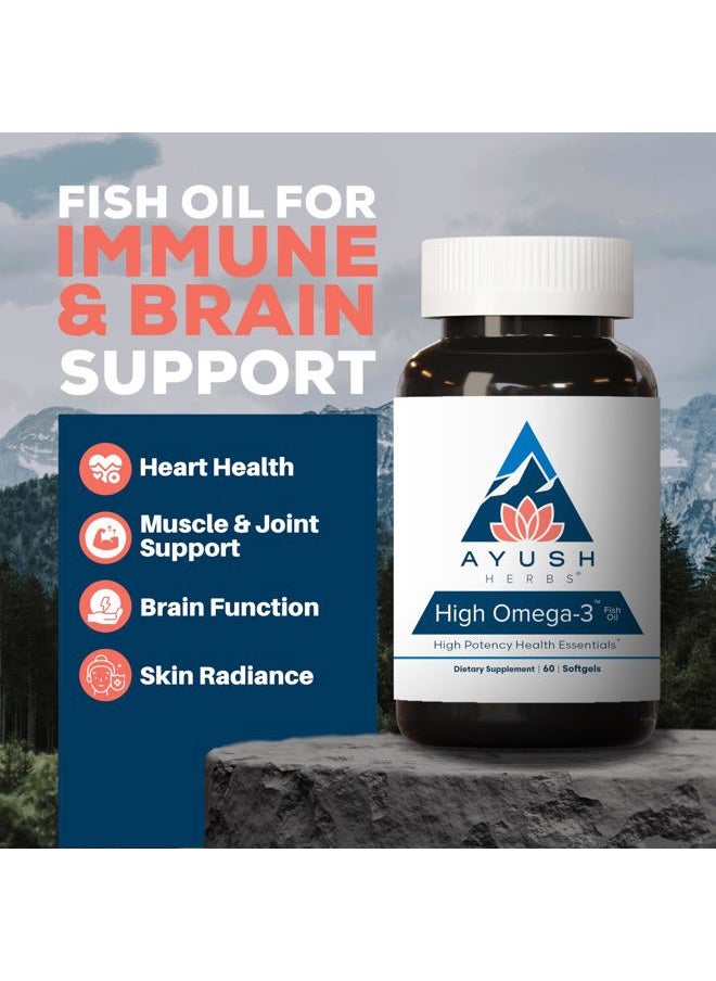 Ayush Herbs - High Omega 3 - Omega 3 Fish Oil, 1000mg Per Capsule, EPA & DHA Fish Oil Supplement for Women & Men, Natural Lemon Flavor - 60 Softgel Capsules (1 Count) - Image 1