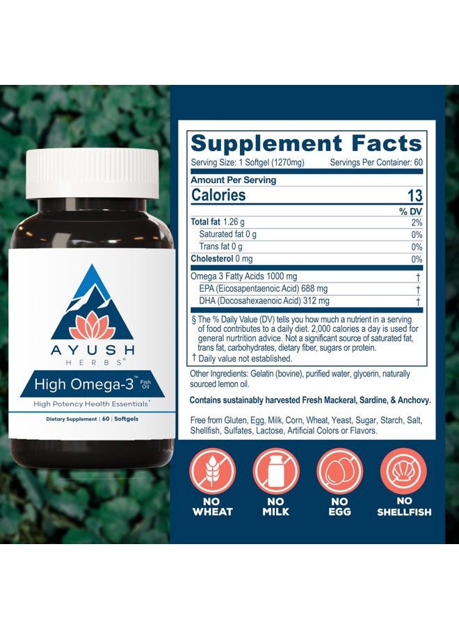 Ayush Herbs - High Omega 3 - Omega 3 Fish Oil, 1000mg Per Capsule, EPA & DHA Fish Oil Supplement for Women & Men, Natural Lemon Flavor - 60 Softgel Capsules (1 Count) - Image 1