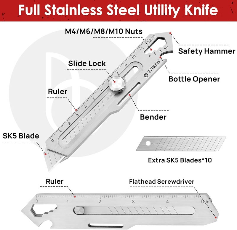 BIBURY 2 Pack Mutipurpose Utility Knife, Heave Duty Full Stainless Steel Retractable Box Cutter with 10PCS replaceable Blades (18mm Wide), Multi-functional Extended Razor Knife for Office, Home,School - Image 2