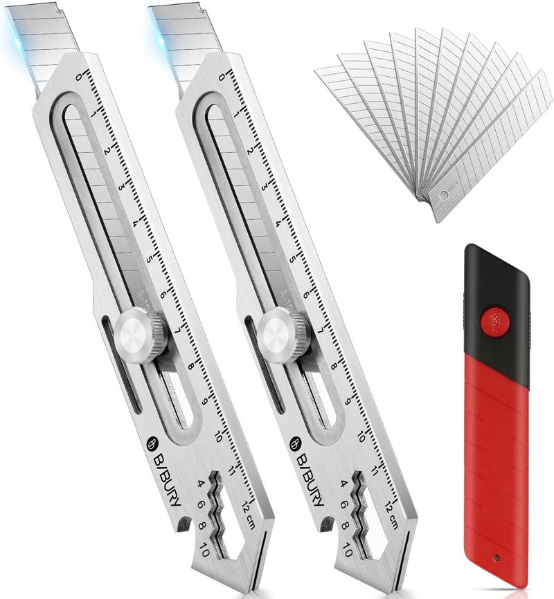 BIBURY 2 Pack Mutipurpose Utility Knife, Heave Duty Full Stainless Steel Retractable Box Cutter with 10PCS replaceable Blades (18mm Wide), Multi-functional Extended Razor Knife for Office, Home,School - Image 1