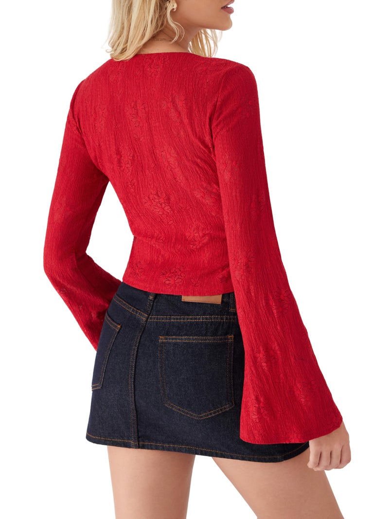 CIDER Womens Going Out Tops Lace Bell Long Sleeve Square Neck Ruffle Tie Front Tops Red - Image 5