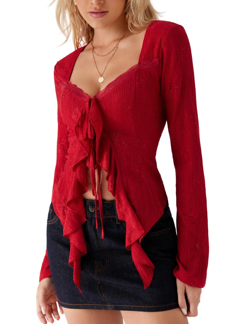 CIDER Womens Going Out Tops Lace Bell Long Sleeve Square Neck Ruffle Tie Front Tops Red - Image 3
