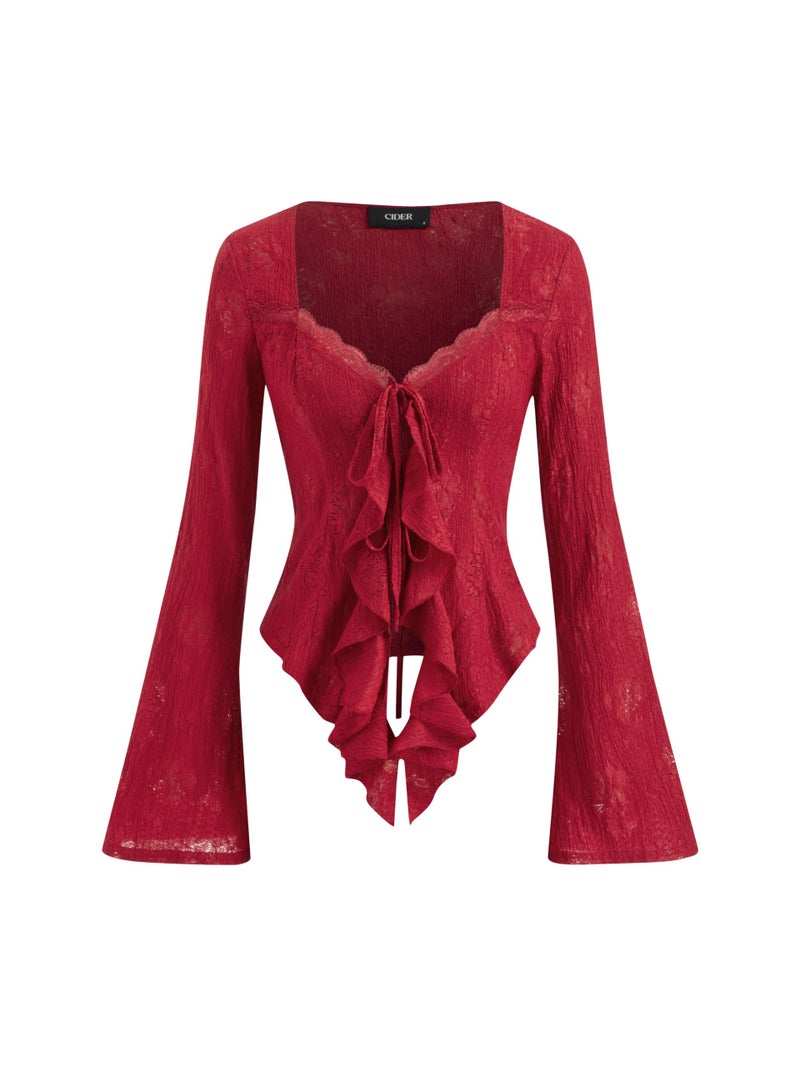 CIDER Womens Going Out Tops Lace Bell Long Sleeve Square Neck Ruffle Tie Front Tops Red - Image 1