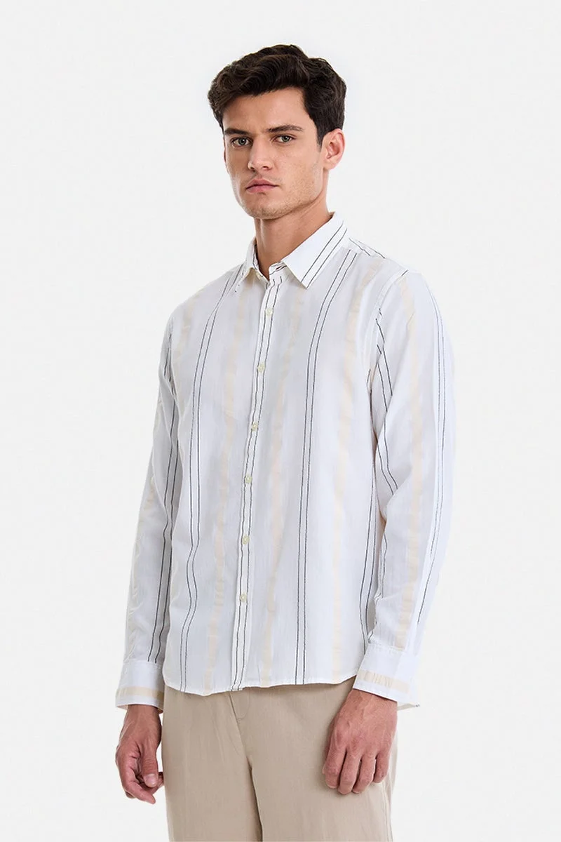 سنيتش White Striped Long Sleeve Regular Fit Shirt