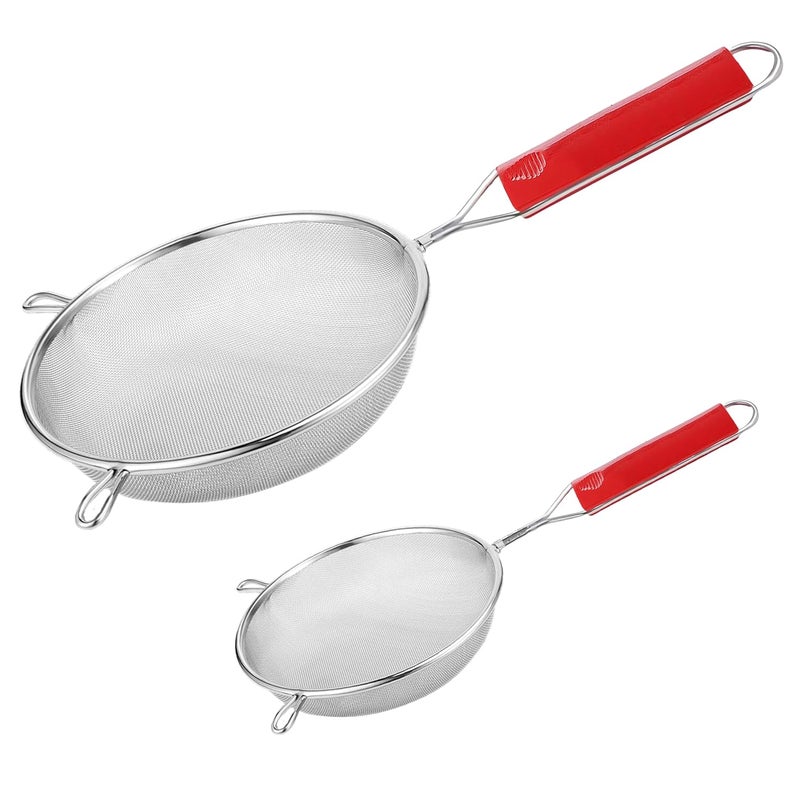 Unify 2 Pieces Stainless Steel Soup Juice StrainerLiquid Filter for Kitchen Use Large Soup Chalni with Red Handle Rice Juice Use Size4 6 Dia 11cm 16cm Set of 2Silver - Image 1