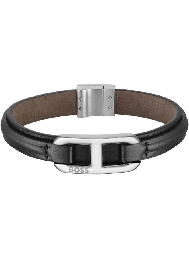BOSS Kode Collection Bracelet For Men With Black Leather And Stainless Steel Closure - 1580783M - Image 1