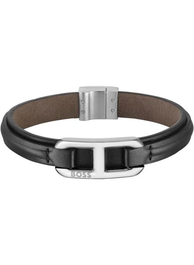 BOSS Kode Collection Bracelet For Men With Black Leather And Stainless Steel Closure - 1580783M
